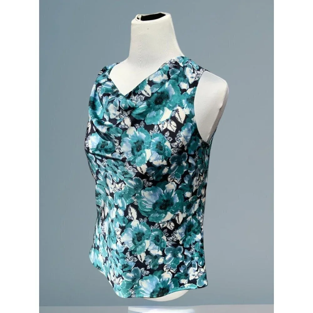 Ann Taylor Loft petite turquoise sleeveless cowl neck floral spandex blouse PS - Picture 3 of 10